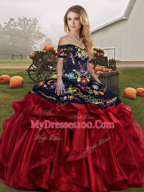 Elegant Red And Black Lace Up Off The Shoulder Embroidery and Ruffles Sweet 16 Dress Organza Sleeveless
