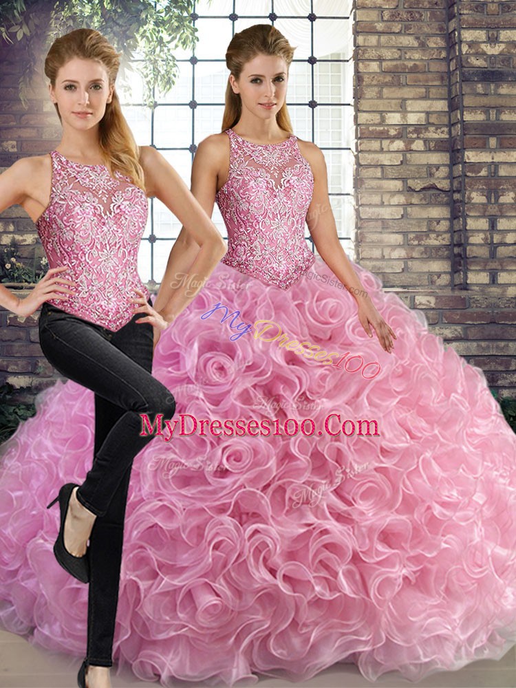Colorful Sleeveless Floor Length Beading Lace Up Quinceanera Gown with Rose Pink