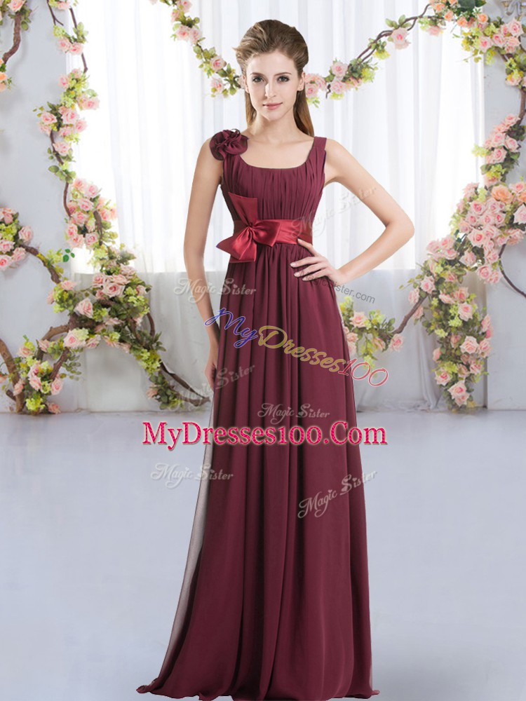 Burgundy Chiffon Zipper Straps Sleeveless Floor Length Dama Dress for Quinceanera Belt and Hand Made Flower
