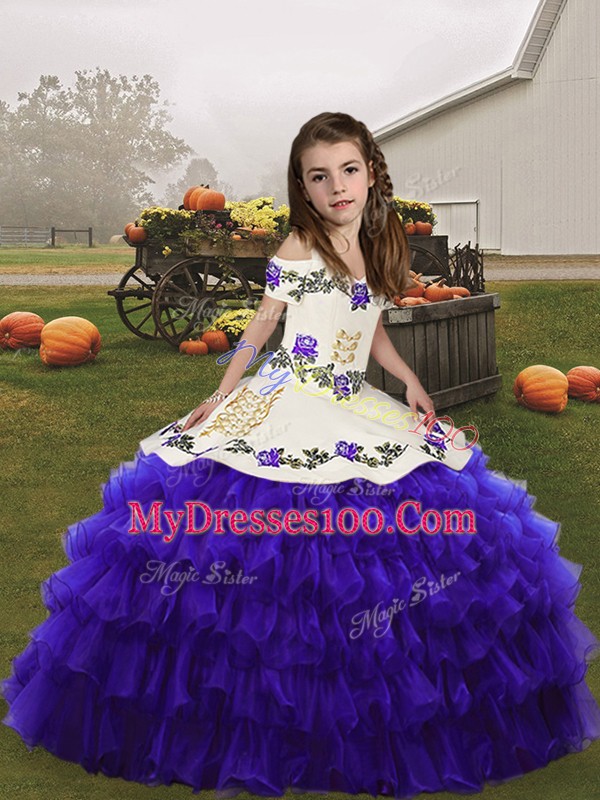 Purple Lace Up Straps Embroidery and Ruffled Layers Kids Pageant Dress Organza Sleeveless