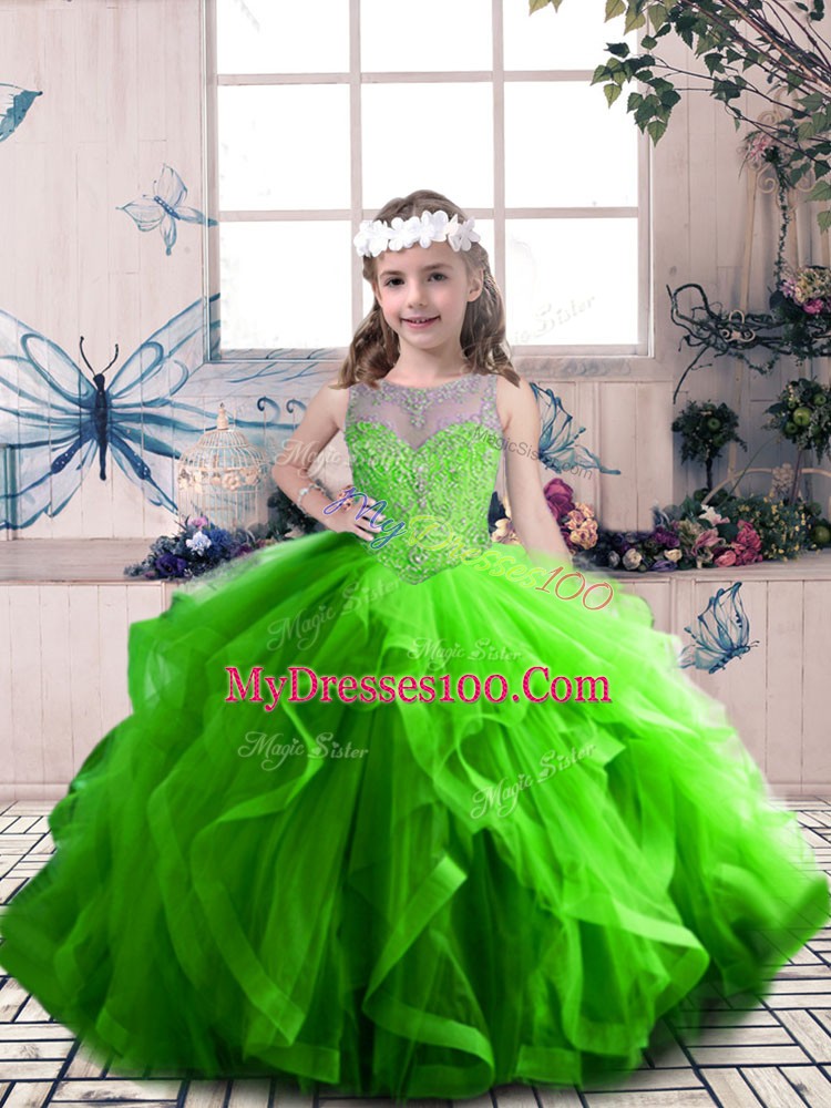 Modern Sleeveless Lace Up Floor Length Beading and Ruffles Little Girl Pageant Dress