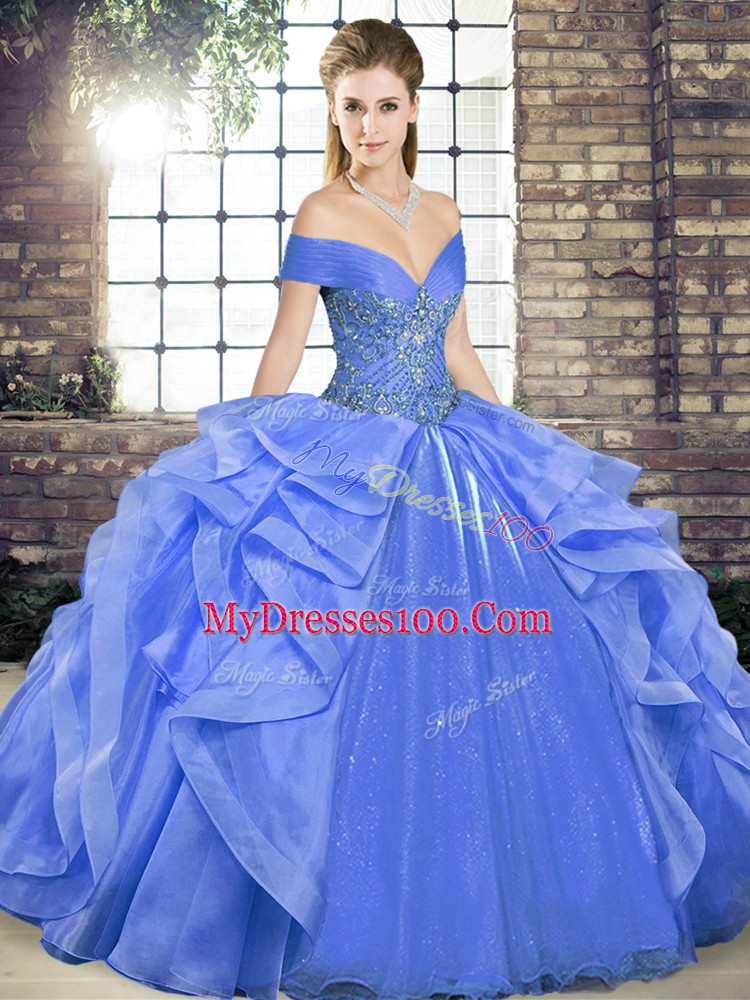 Blue Organza Lace Up Sweet 16 Dresses Sleeveless Floor Length Beading and Ruffles