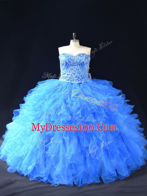 Deluxe Blue Sleeveless Organza Lace Up Sweet 16 Dresses for Sweet 16 and Quinceanera