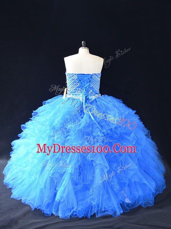 Deluxe Blue Sleeveless Organza Lace Up Sweet 16 Dresses for Sweet 16 and Quinceanera