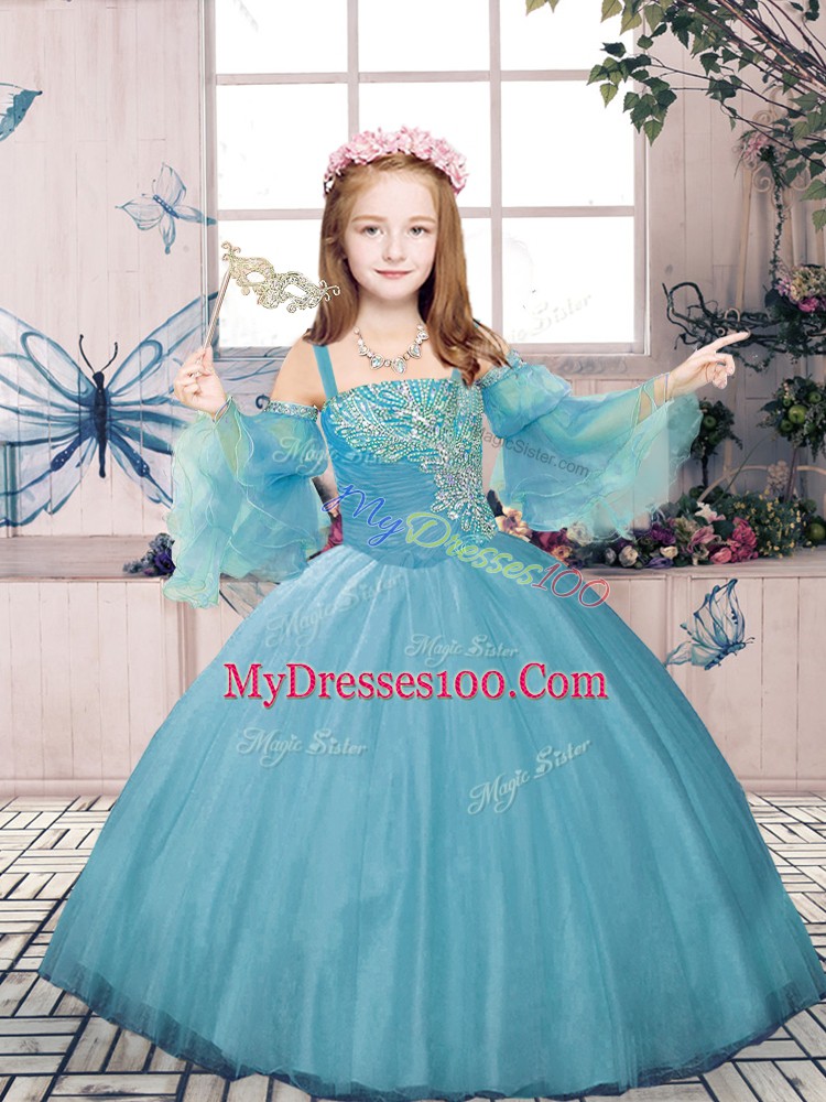Unique Blue Sleeveless Floor Length Beading Lace Up Pageant Gowns For Girls