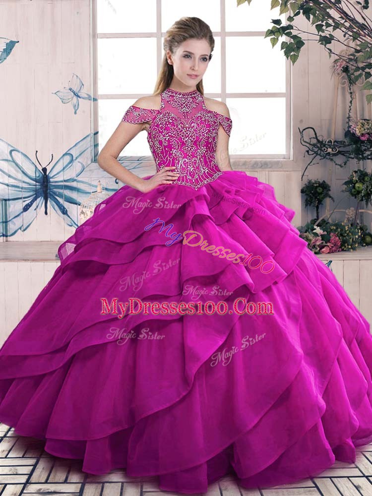 Graceful Fuchsia Lace Up High-neck Beading and Ruffled Layers Quinceanera Dress Organza Sleeveless