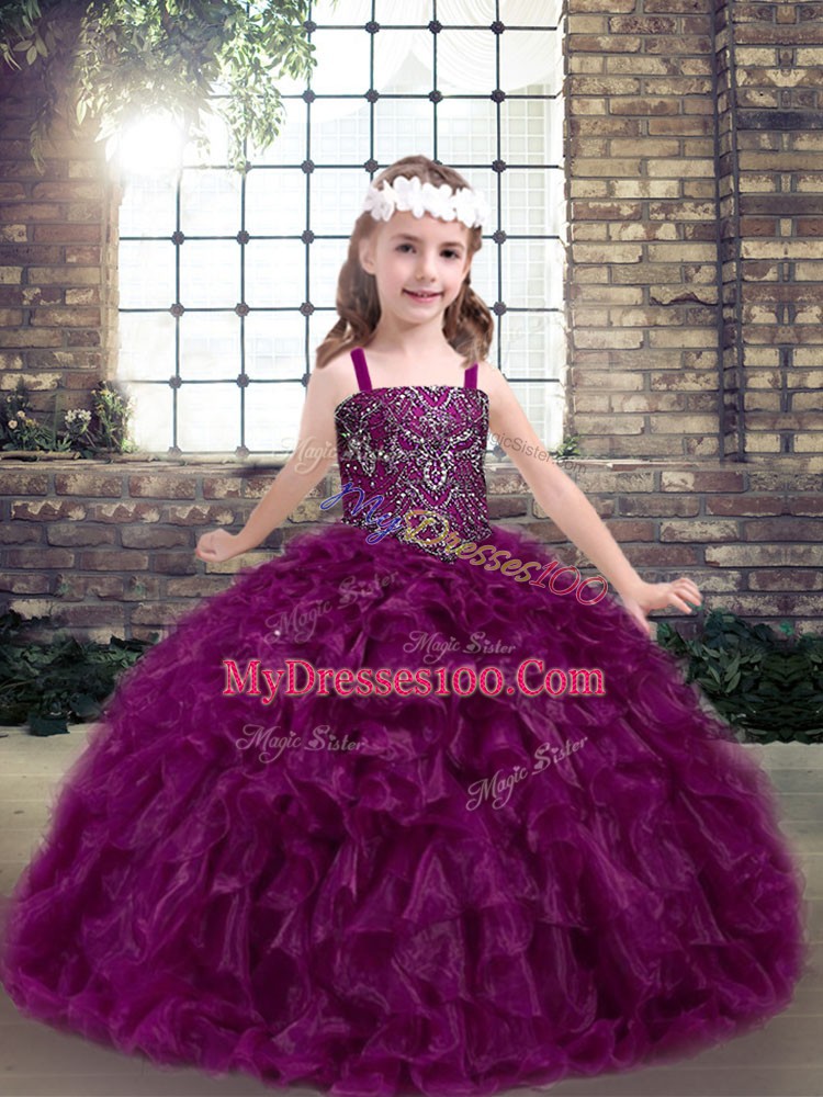 Straps Sleeveless Organza Child Pageant Dress Beading and Ruffles Lace Up