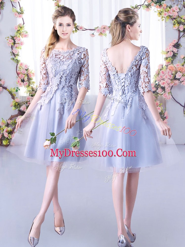 Exceptional Grey Half Sleeves Tulle Lace Up Wedding Party Dress for Wedding Party