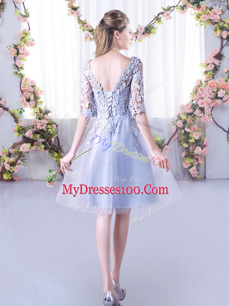 Exceptional Grey Half Sleeves Tulle Lace Up Wedding Party Dress for Wedding Party