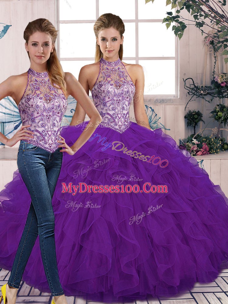 Floor Length Two Pieces Sleeveless Purple 15th Birthday Dress Lace Up