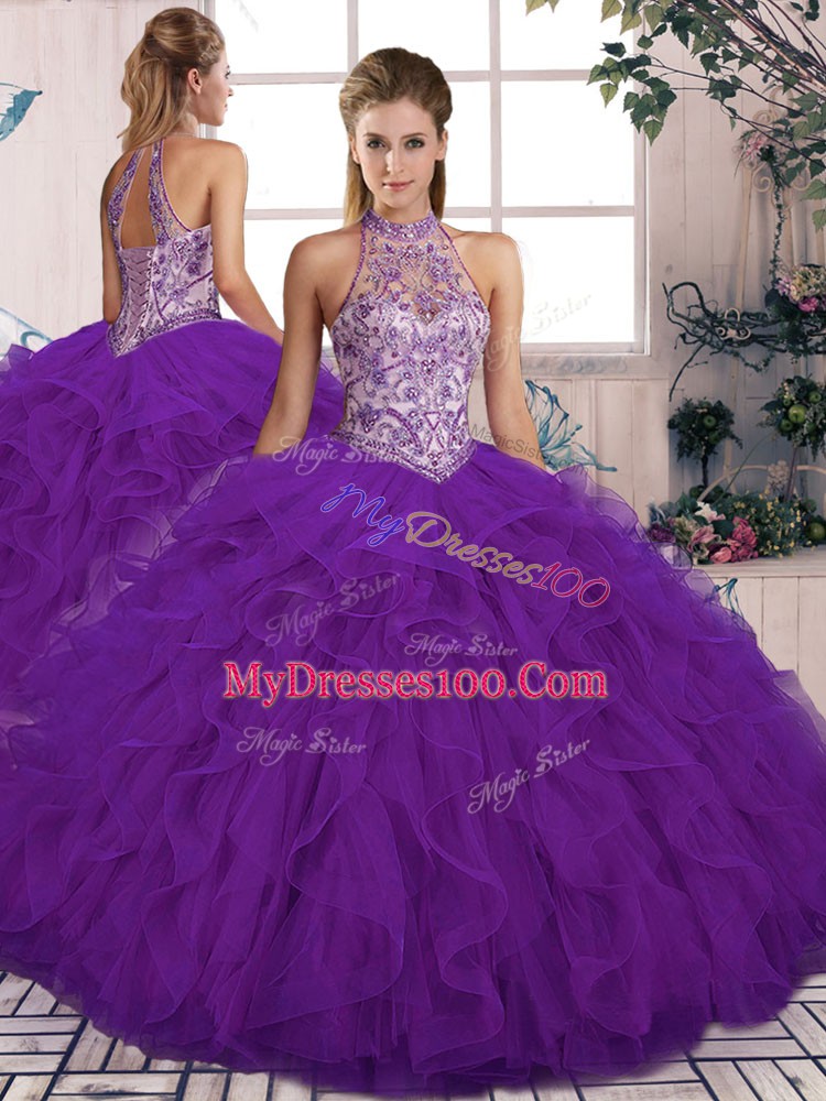 Floor Length Two Pieces Sleeveless Purple 15th Birthday Dress Lace Up