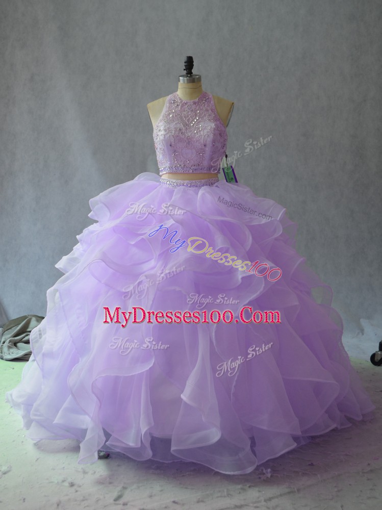 High Class Lavender Organza Backless Halter Top Sleeveless Sweet 16 Quinceanera Dress Beading and Ruffles