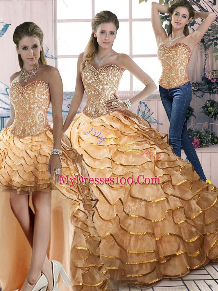 Designer Organza Sleeveless Sweet 16 Dresses Brush Train and Ruffled Layers