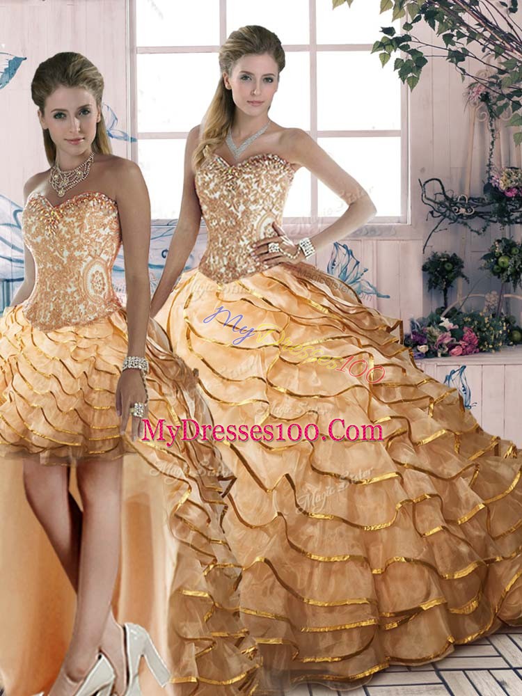 Designer Organza Sleeveless Sweet 16 Dresses Brush Train and Ruffled Layers