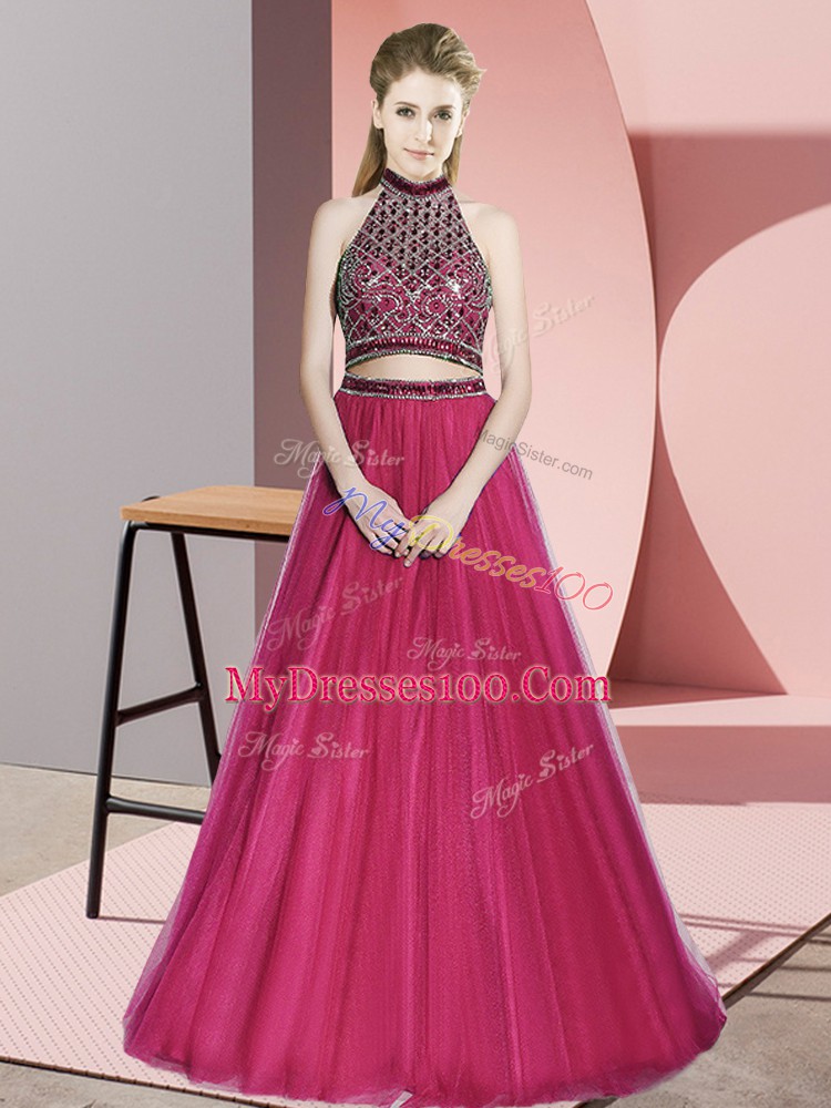 Customized Hot Pink Backless Halter Top Beading Homecoming Dress Tulle Sleeveless