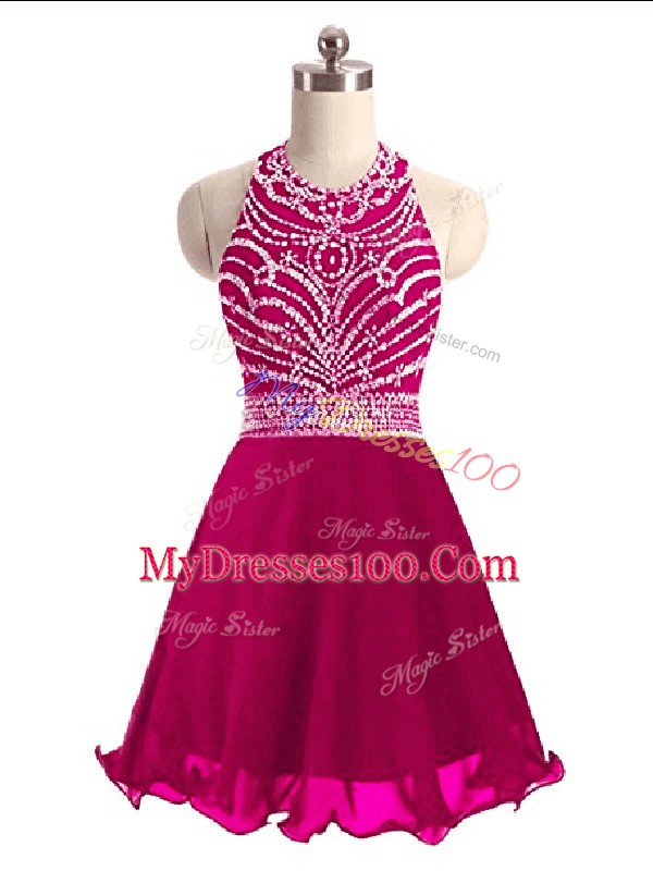 Hot Pink Lace Up Halter Top Beading Prom Party Dress Chiffon Sleeveless