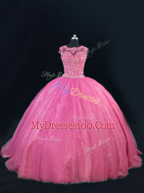Scoop Sleeveless Lace Up Quinceanera Dresses Hot Pink Tulle