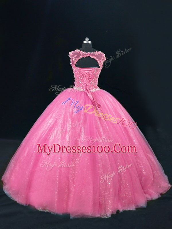 Scoop Sleeveless Lace Up Quinceanera Dresses Hot Pink Tulle
