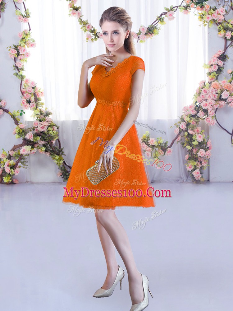 Deluxe Orange Red A-line Lace Bridesmaid Dresses Lace Up Lace Cap Sleeves Mini Length