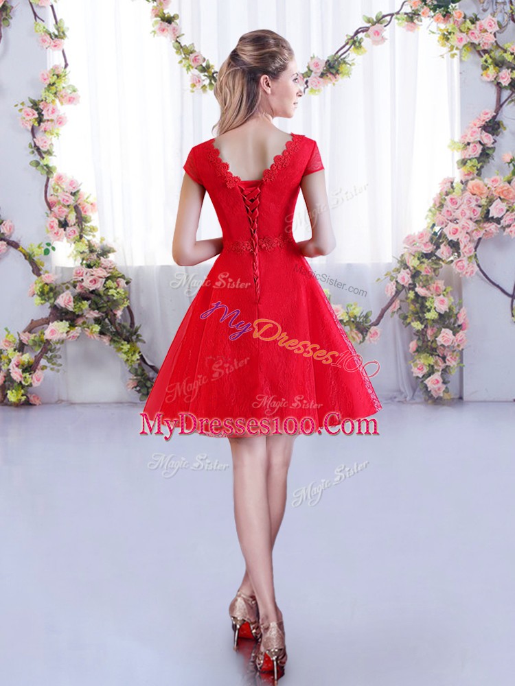 Deluxe Orange Red A-line Lace Bridesmaid Dresses Lace Up Lace Cap Sleeves Mini Length