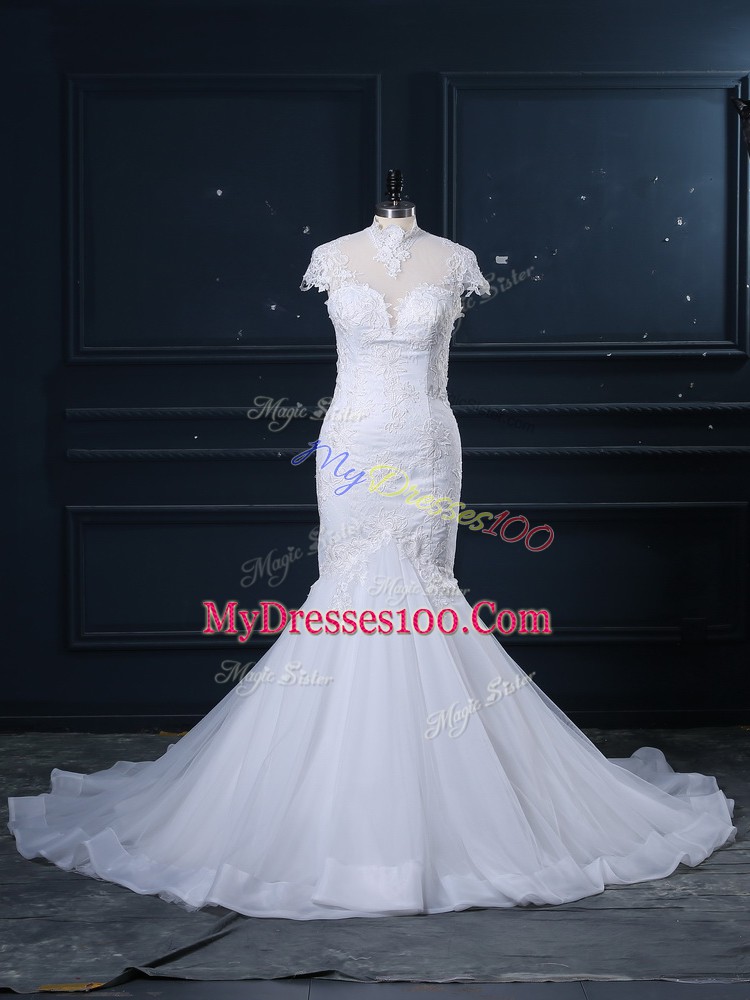 Best High-neck Cap Sleeves Wedding Gowns Court Train Lace White Tulle