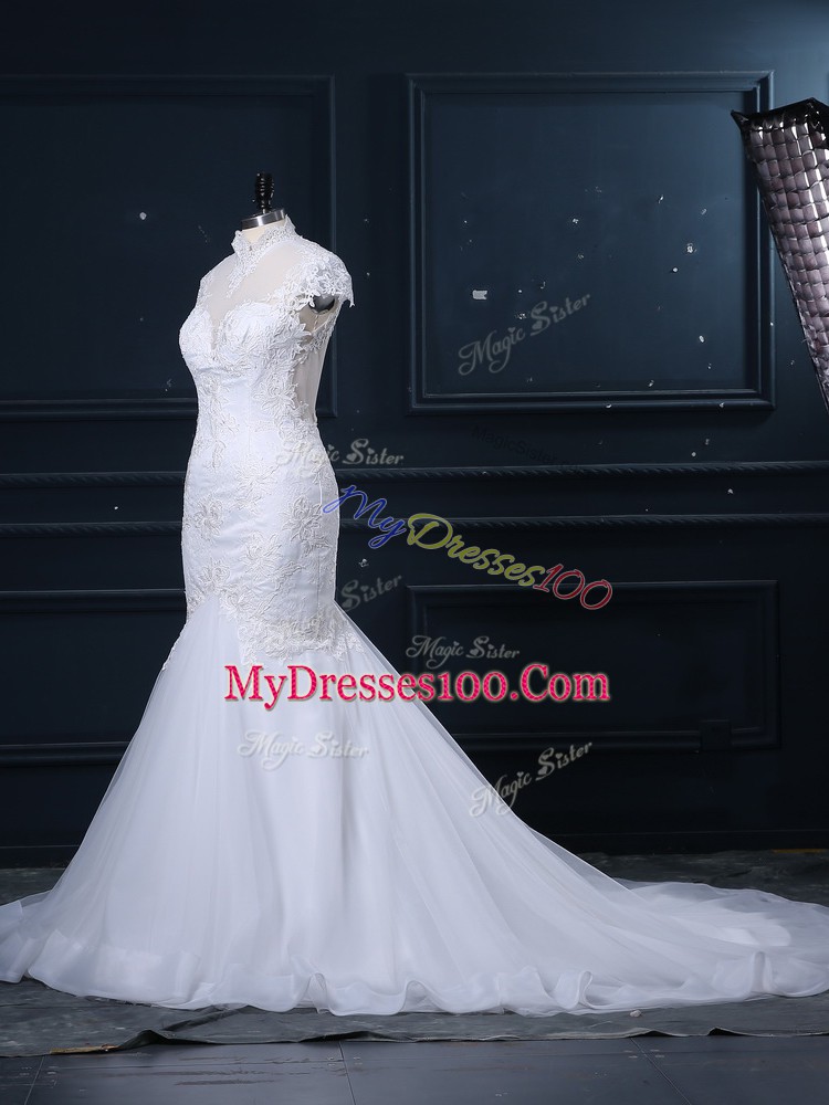 Best High-neck Cap Sleeves Wedding Gowns Court Train Lace White Tulle