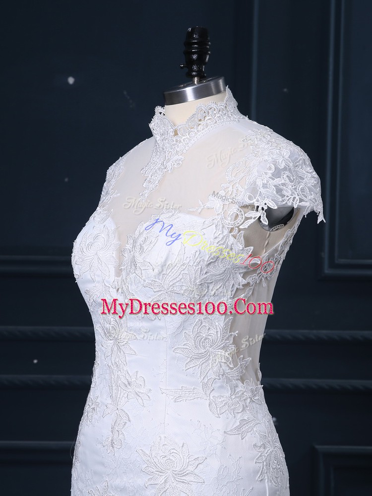 Best High-neck Cap Sleeves Wedding Gowns Court Train Lace White Tulle
