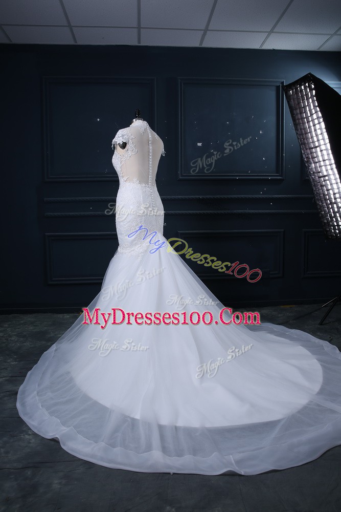 Best High-neck Cap Sleeves Wedding Gowns Court Train Lace White Tulle