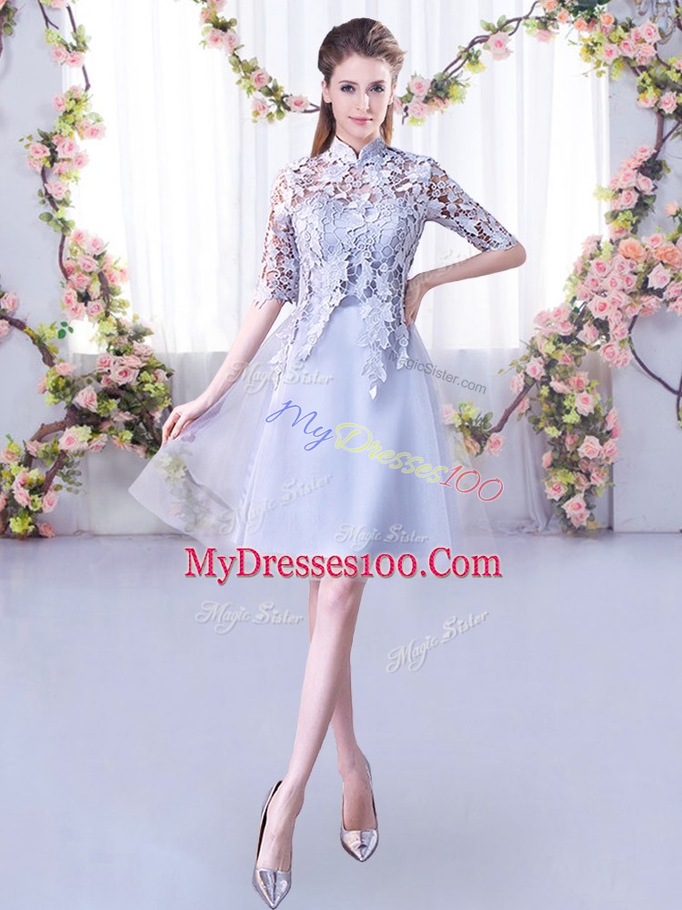 Mini Length Grey Quinceanera Court of Honor Dress High-neck Half Sleeves Lace Up