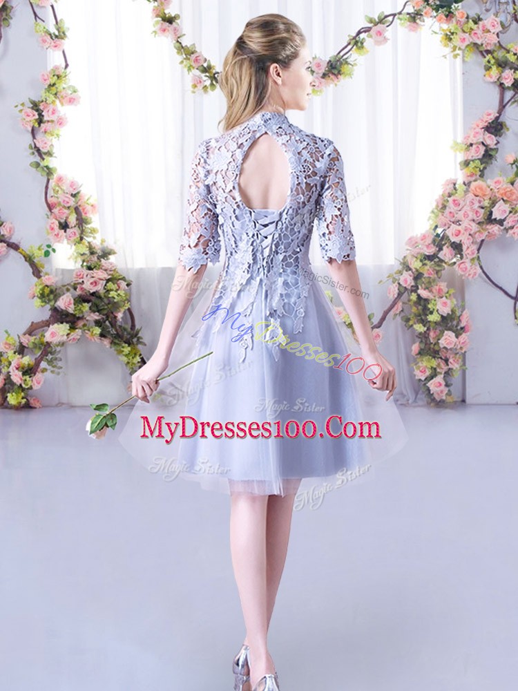 Mini Length Grey Quinceanera Court of Honor Dress High-neck Half Sleeves Lace Up