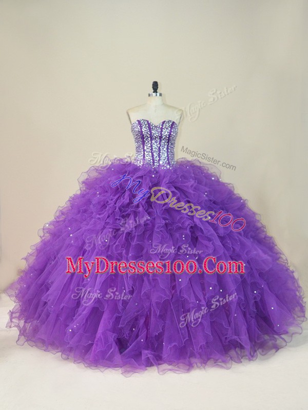 Purple Sleeveless Floor Length Beading and Ruffles Lace Up Vestidos de Quinceanera