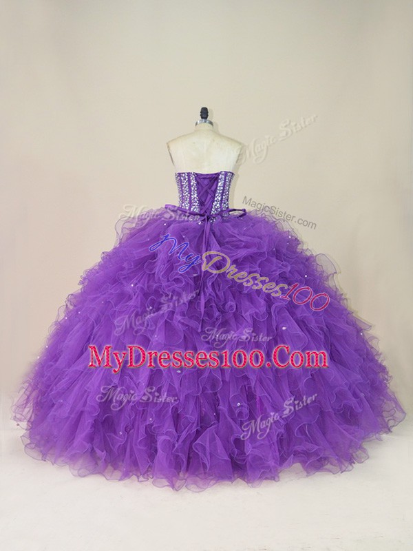 Purple Sleeveless Floor Length Beading and Ruffles Lace Up Vestidos de Quinceanera