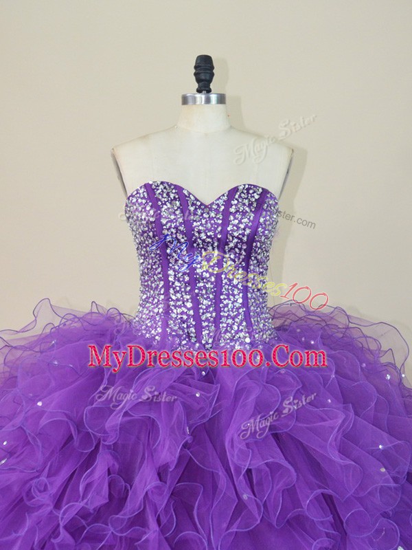 Purple Sleeveless Floor Length Beading and Ruffles Lace Up Vestidos de Quinceanera