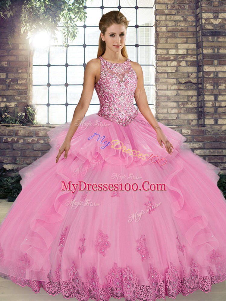 Rose Pink Sleeveless Lace and Embroidery and Ruffles Floor Length 15 Quinceanera Dress