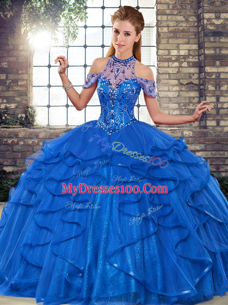 Halter Top Sleeveless Tulle Quinceanera Gowns Beading and Ruffles Lace Up
