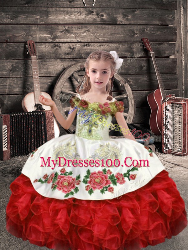 Inexpensive Beading and Embroidery and Ruffles Child Pageant Dress White And Red Lace Up Sleeveless Floor Length