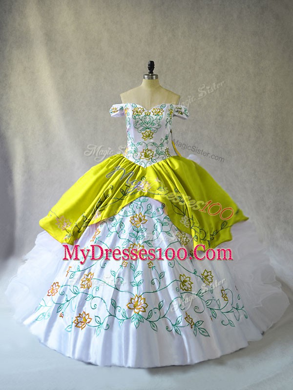 Sophisticated Organza Off The Shoulder Sleeveless Lace Up Embroidery and Ruffles Ball Gown Prom Dress in White