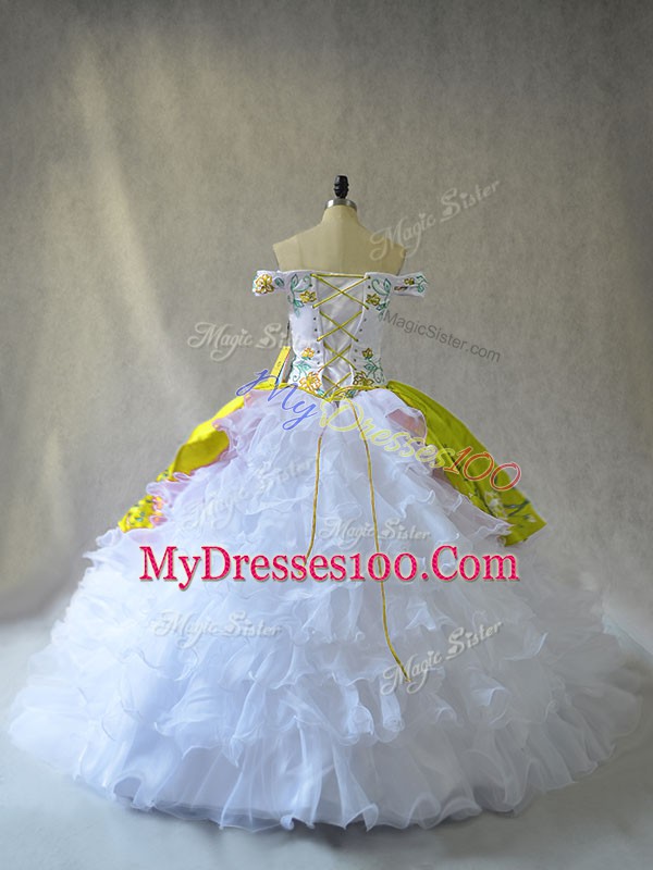 Sophisticated Organza Off The Shoulder Sleeveless Lace Up Embroidery and Ruffles Ball Gown Prom Dress in White