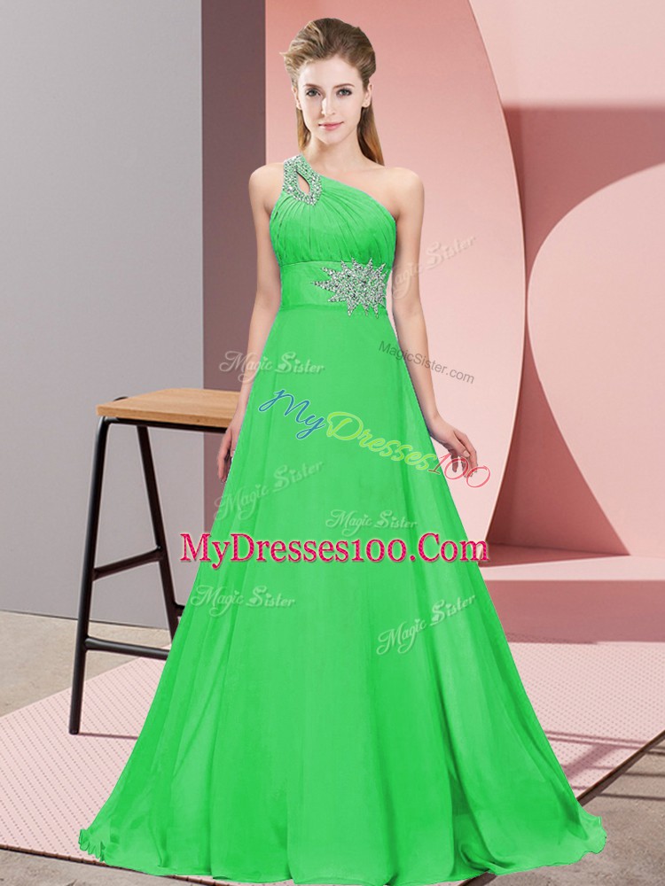 Clearance Chiffon One Shoulder Sleeveless Brush Train Lace Up Beading Prom Evening Gown in Green