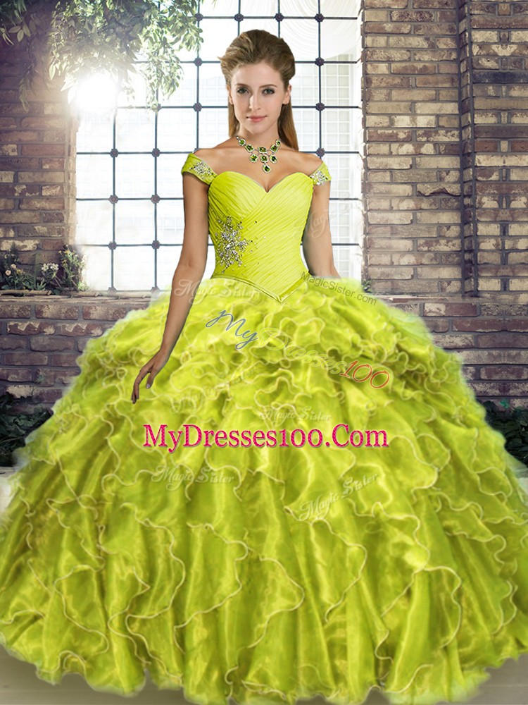 Elegant Yellow Green Ball Gowns Off The Shoulder Sleeveless Organza Brush Train Lace Up Beading and Ruffles Quinceanera Dresses