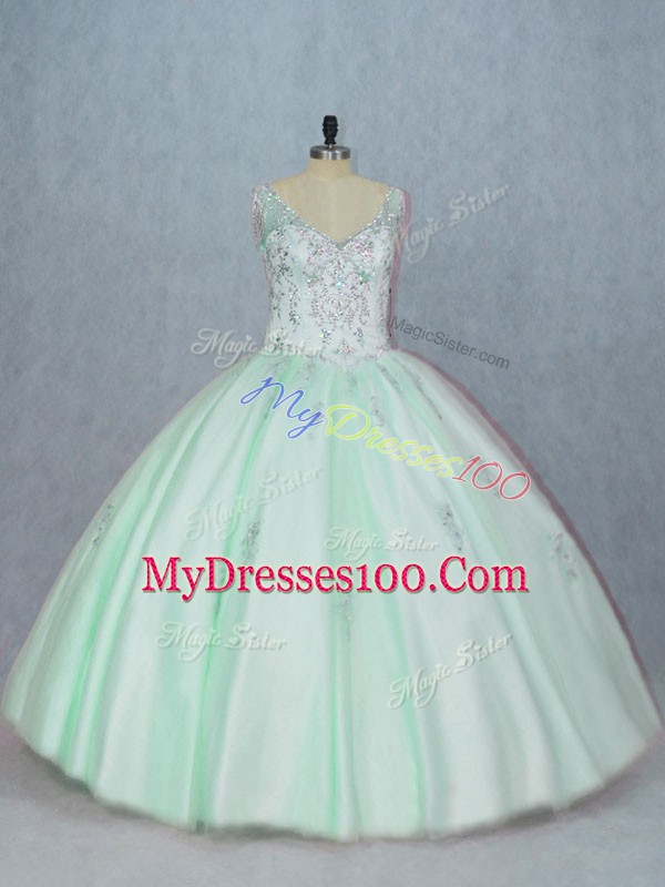 Apple Green Tulle Lace Up Vestidos de Quinceanera Sleeveless Floor Length Beading and Appliques