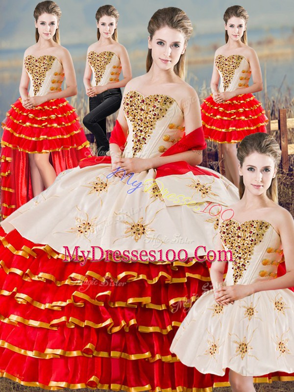 Simple White And Red Sleeveless Floor Length Beading and Ruffled Layers Lace Up Ball Gown Prom Dress
