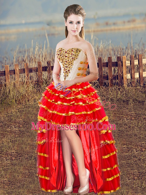 Simple White And Red Sleeveless Floor Length Beading and Ruffled Layers Lace Up Ball Gown Prom Dress