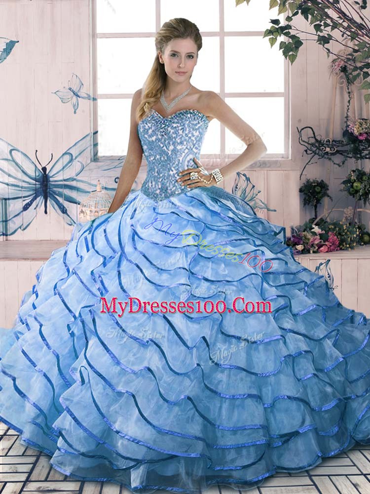 Modern Sweetheart Sleeveless Brush Train Lace Up Quinceanera Gown Blue