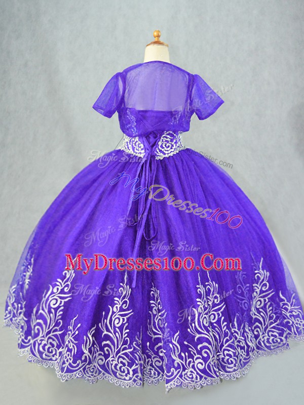 Superior Floor Length Lace Up Little Girls Pageant Dress Wholesale Purple for Wedding Party with Beading and Embroidery