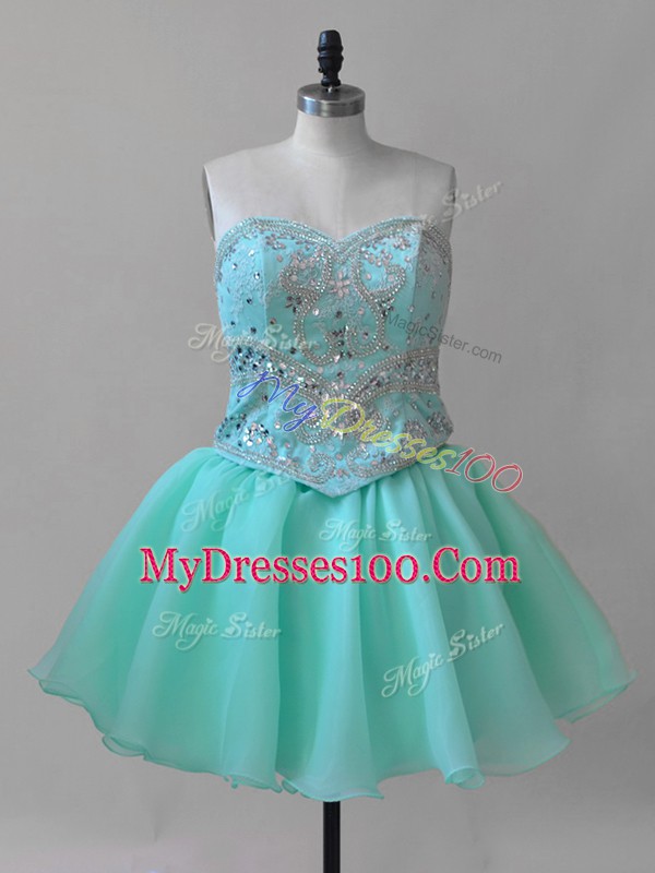 Aqua Blue Sweetheart Lace Up Beading and Lace Party Dress Sleeveless