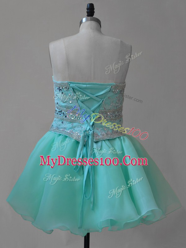Aqua Blue Sweetheart Lace Up Beading and Lace Party Dress Sleeveless