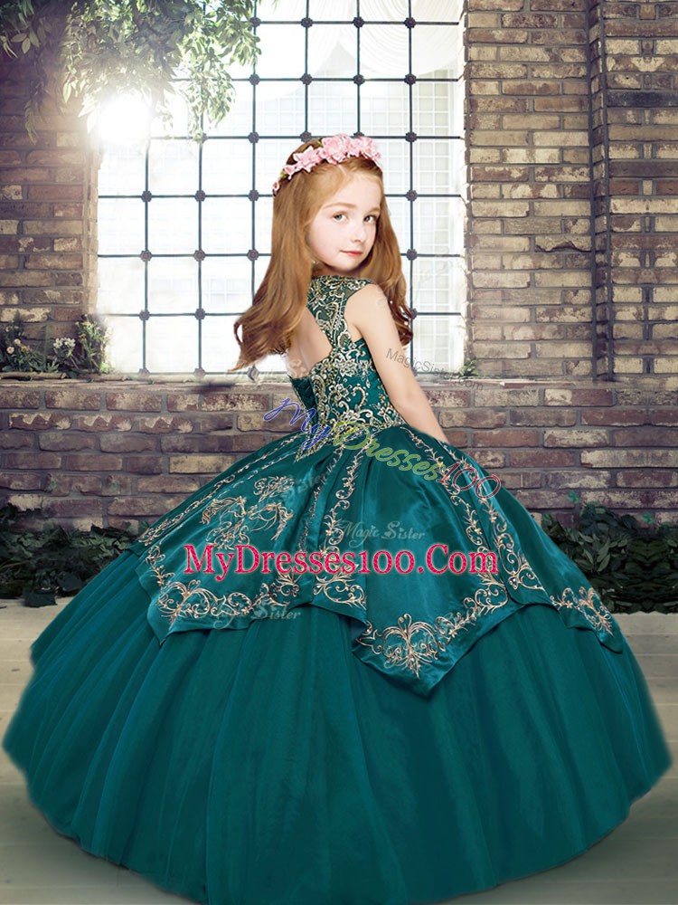 Cheap Floor Length Olive Green Little Girl Pageant Gowns Straps Sleeveless Lace Up