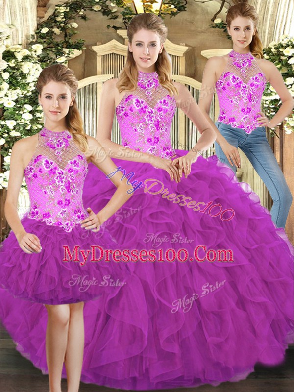 Classical Tulle Sleeveless Floor Length Sweet 16 Quinceanera Dress and Embroidery and Ruffles