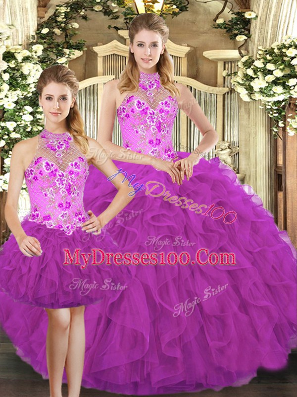 Classical Tulle Sleeveless Floor Length Sweet 16 Quinceanera Dress and Embroidery and Ruffles